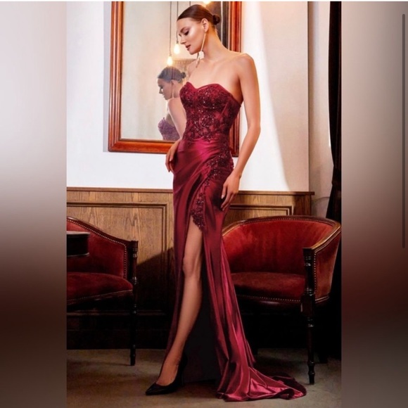 Dark Red Satin & Sequins Cinderella Pageant Gown - Picture 1 of 11